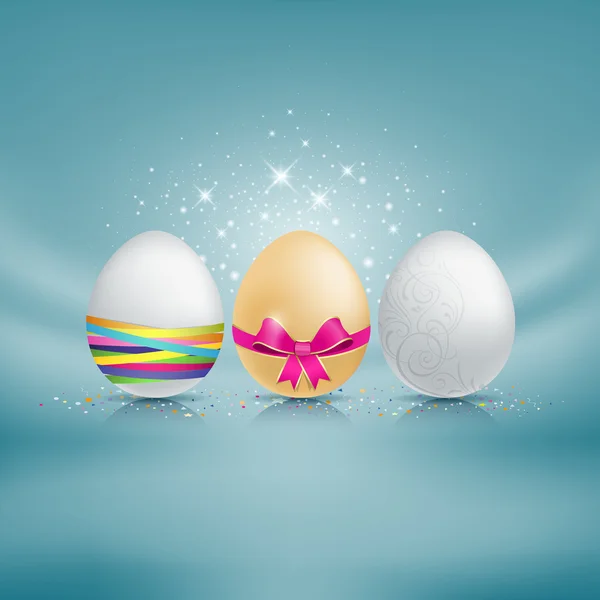 Set di uova di Pasqua. con nastro colorato sfondo tessuto blu — Vettoriale Stock
