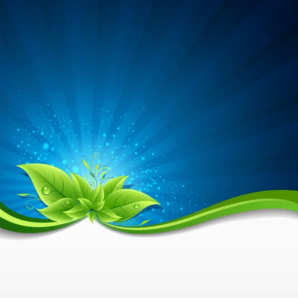 Verde deja la ecología sobre la iluminación fondo azul — Vector de stock