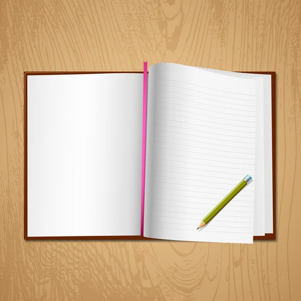 Ouvrir la page blanche sur fond bois — Image vectorielle