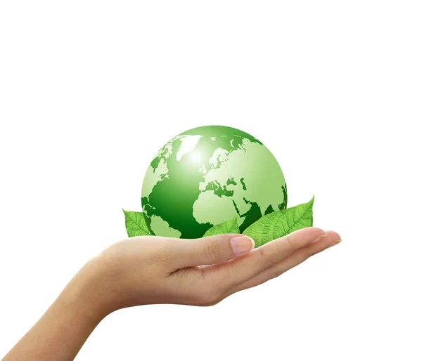 Verde global y hoja en mano — Foto de Stock