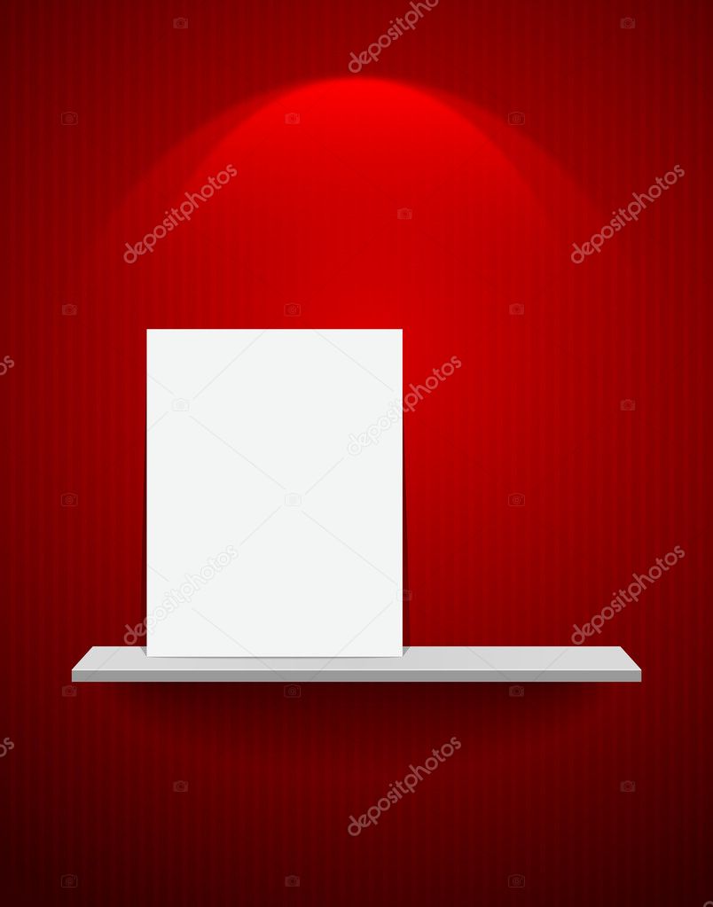 Empty white shelf and white frame on red background
