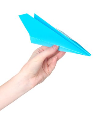 Origami kağıt uçak üzerinde beyaz izole el