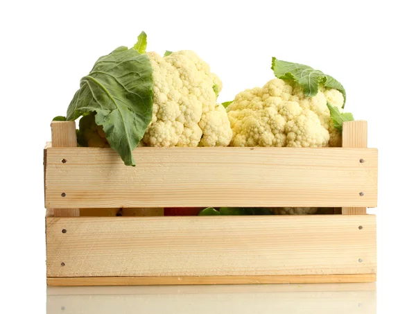 Fresh cauliflowers in wooden box isolated on white — Stock Photo, Image