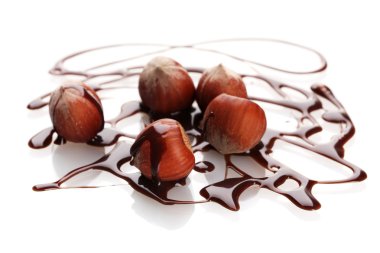 Delicious hazelnut and chocolate syrup isolated on white clipart