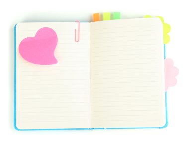 Open note book with stickies isolated on white clipart
