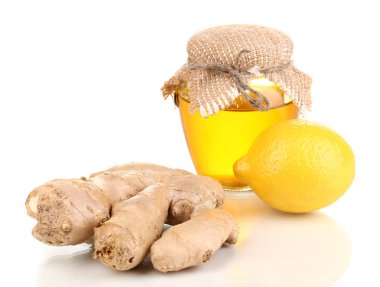 Ginger with lemon and honey isolated on white clipart