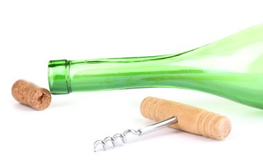 Bottle of wine with corkscrew and wine corks isolated on white clipart