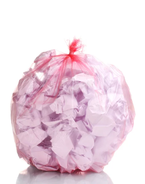 Kırmızı çöp torbası ile üzerine beyaz izole çöp — Stok fotoğraf
