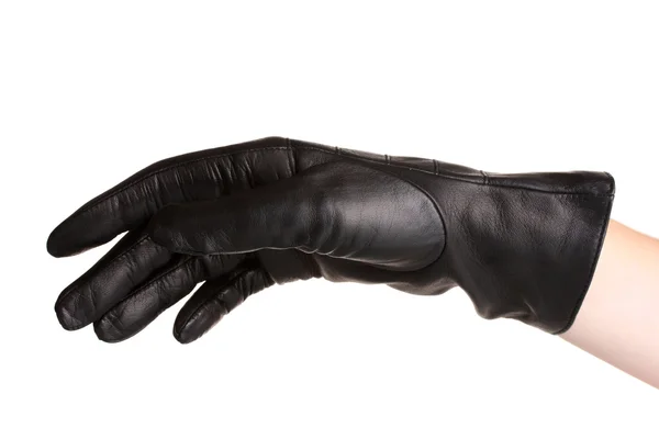 Οι γυναίκες χέρι στο μαύρο δερμάτινο γάντι που απομονώνονται σε λευκό — Φωτογραφία Αρχείου