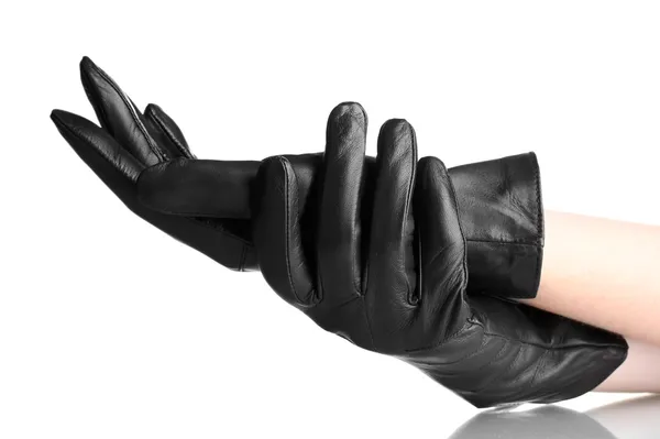 Mãos femininas em luvas de couro preto isolado em branco — Fotografia de Stock