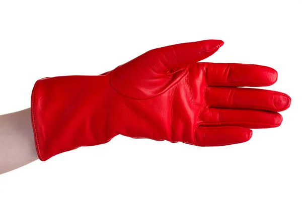 Mano de las mujeres en guante de cuero rojo aislado en blanco — Foto de Stock