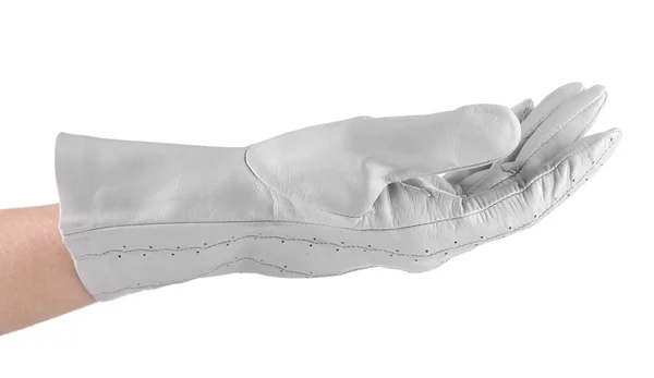 Mulheres mão em luva de couro cinza isolado no branco — Fotografia de Stock