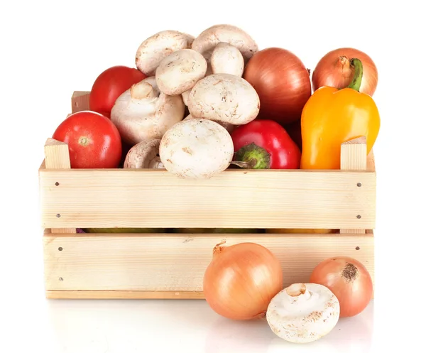 Fresh vegetables in wooden box isolated on white — Stock Photo, Image