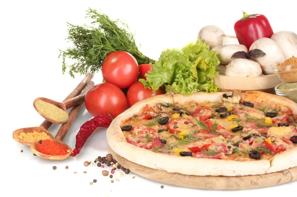 Delicious pizza, vegetables and spices isolated on white — Stock Photo, Image