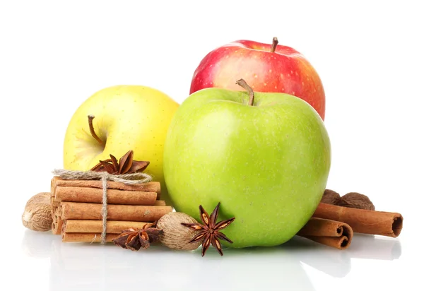 Laski cynamonu, jabłka, gałka muszkatołowa, anyż na białym tle — Zdjęcie stockowe