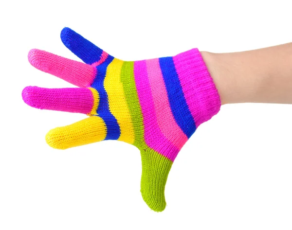 Bright striped baby gloves on hand isolated on white — Stock Photo, Image