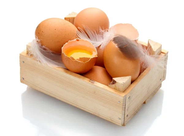 鸡鸡蛋在木盒上白色隔离 — 图库照片