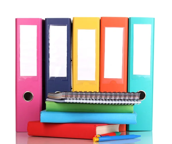 Bright office folders and books with stationery isolated on white — Stock Photo, Image