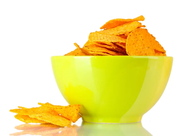 Tasty potato chips in green bowl isolated on white — Stock Photo, Image