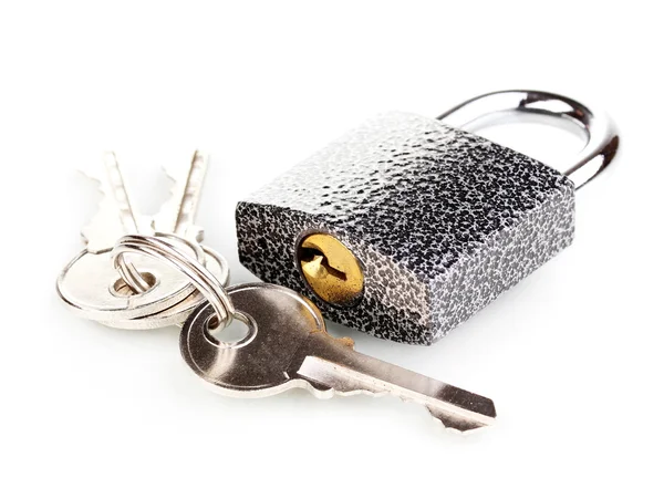 Modern padlock with keys isolated on white — Stock Photo, Image