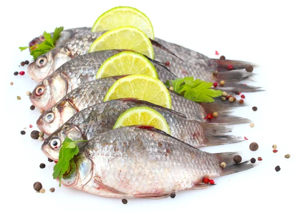 新鲜鱼类与石灰、 欧芹和香料上白色隔离 — 图库照片