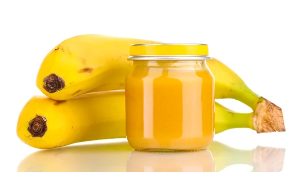 Jar baba püré és a banán elszigetelt fehér — Stock Fotó