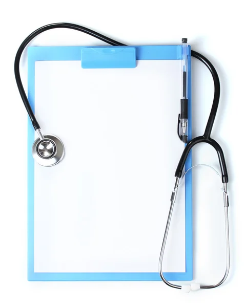 Stetoscopio e cartellone blu isolati su bianco — Foto Stock