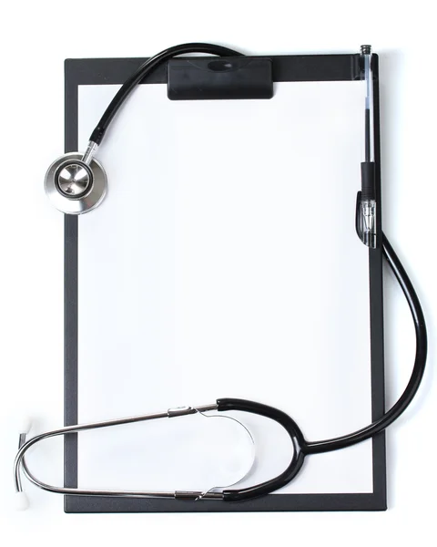 Stetoskop dan papan klip hitam terisolasi pada warna putih — Stok Foto