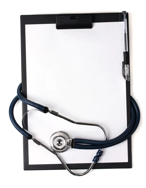 Stetoskop dan papan klip hitam terisolasi pada warna putih — Stok Foto