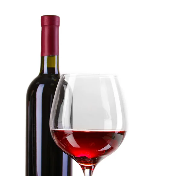 Flasche großen Wein und Weinglas isoliert auf weiß — Stockfoto