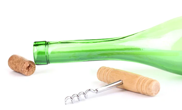 Bottle of wine with corkscrew and wine corks isolated on white — Stock Photo, Image