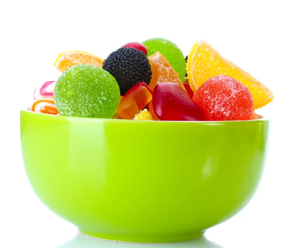 Colorful jelly candies in green bowl isolated on white — Stock Photo, Image
