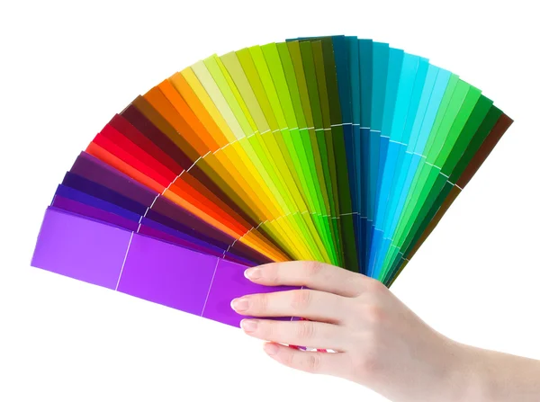 Mão segurando paleta brilhante de cores isoladas em branco — Fotografia de Stock