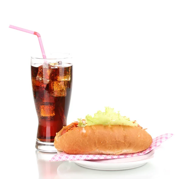 Appetizing hot dog and cola isolated on white — Stock Photo, Image