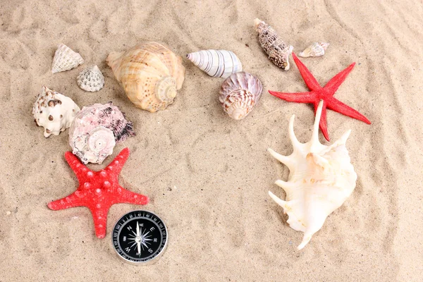 Seashells and starfishes with kompass on sand — Stock Photo, Image