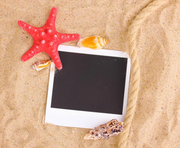 Foto con conchas marinas y estrellas de mar en la arena — Foto de Stock