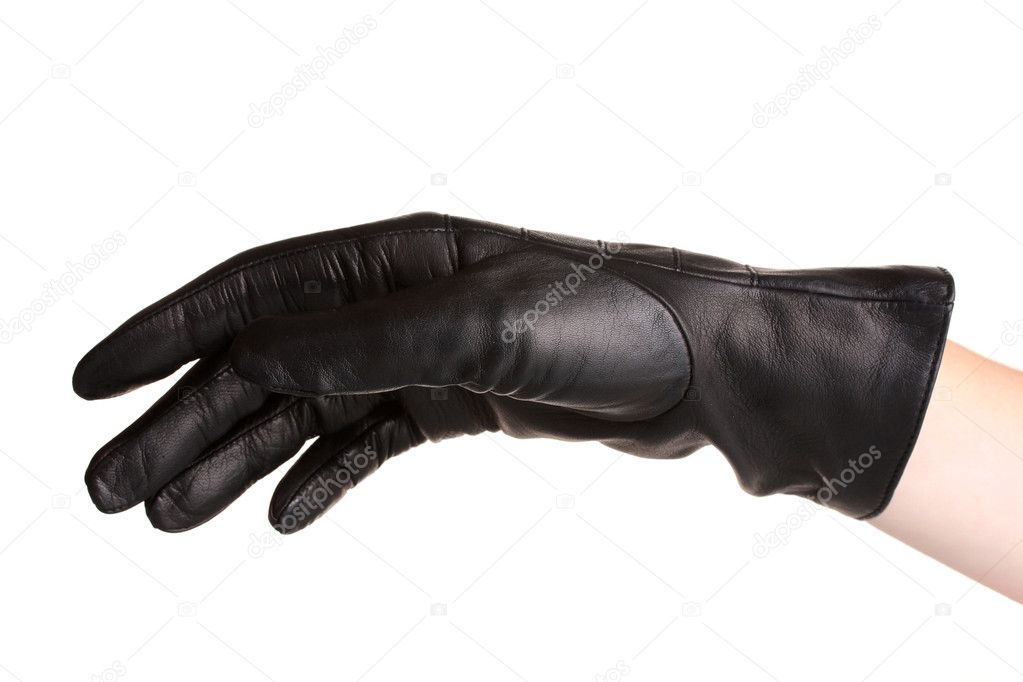 Women hand in black leather glove isolated on white