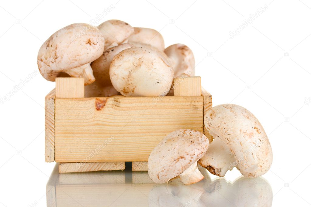 Fresh mushrooms in a wooden box isolated on white