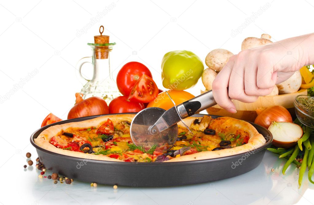 Delicious pizza, vegetables, spices and oil isolated on white