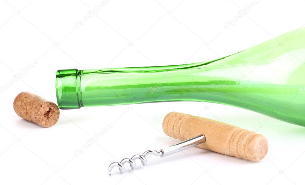 Bottle of wine with corkscrew and wine corks isolated on white