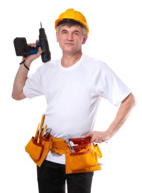 Builder with belt construction and holding drill isolated on white clipart