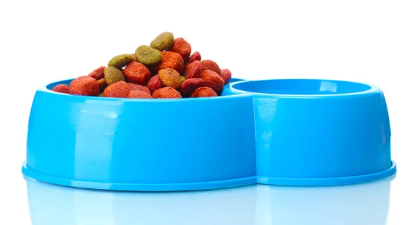Dry dog food and water in blue bowl isolated on white — Stockfoto