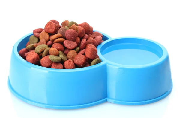 Pies suchej karmy i wody w niebieski miska na białym tle — Zdjęcie stockowe