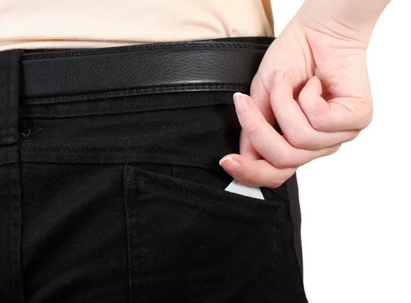 Fille retirant préservatif de sa poche de jeans gros plan — Photo