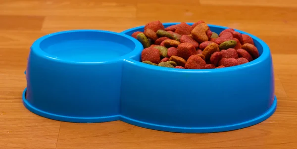 Comida seca para perros y agua en tazón azul en el suelo — Foto de Stock