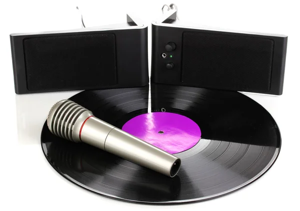 Disque vinyle noir avec haut-parleurs et microphone isolé sur blanc — Photo