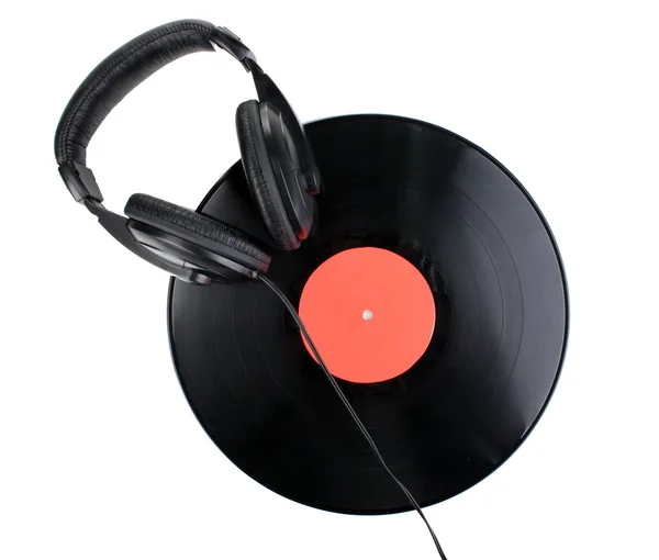 Gravação de vinil preto e fones de ouvido isolados em branco — Fotografia de Stock