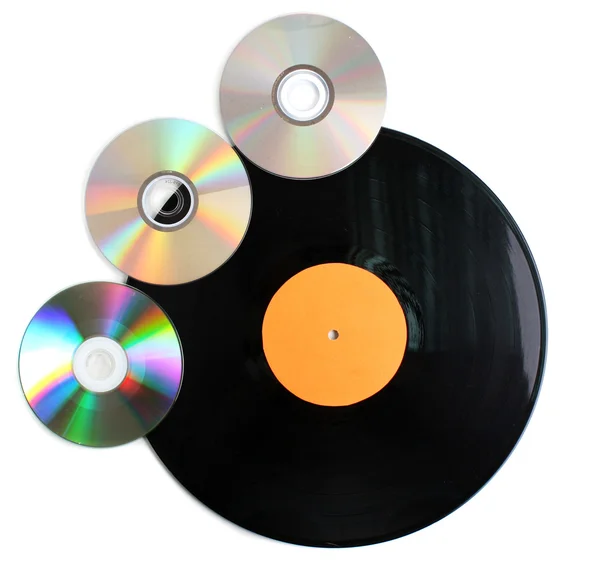 黑色乙烯基记录和 cd 磁盘上白色隔离 — 图库照片