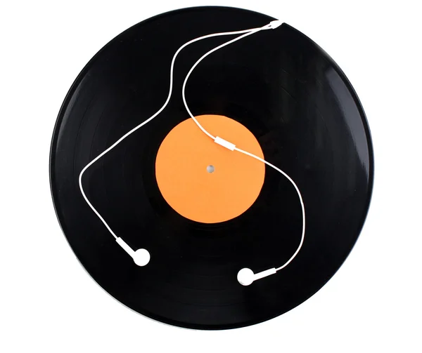 Zwart vinyl record en koptelefoon op wit wordt geïsoleerd — Stockfoto