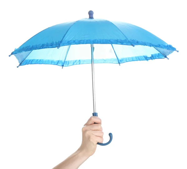 Блакитна парасолька в руці ізольована на білому — стокове фото